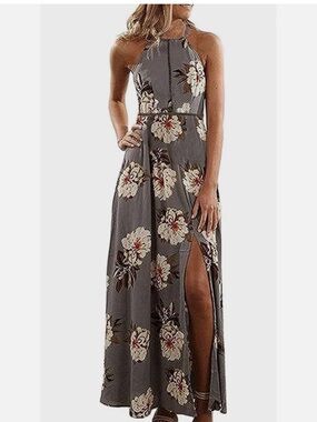 Women’s Gray Floral Halter Maxi Dress with Side Slit- Small - NWT